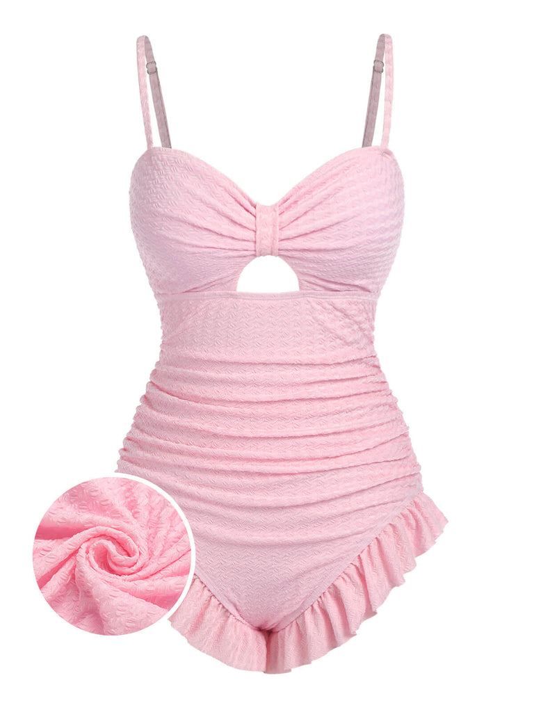 Pale Pink 1950s Solid Ruched Swimsuit