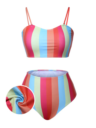 [Plus Size] Colorful 1950s Vertical Stripe Swimsuit
