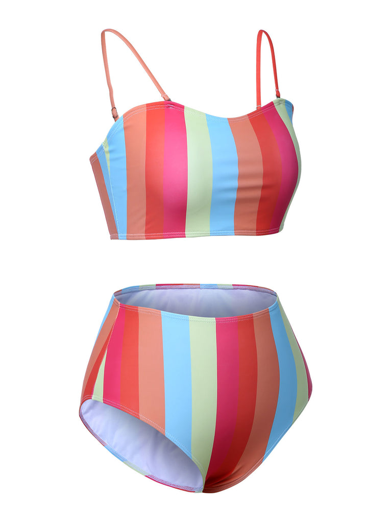 [Plus Size] Colorful 1950s Vertical Stripe Swimsuit