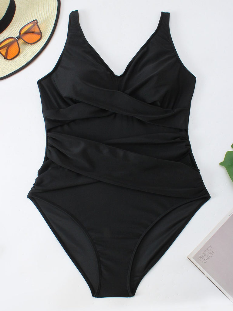 [Plus Size] Black 1940s Solid V-Neck One-Piece Swimsuit