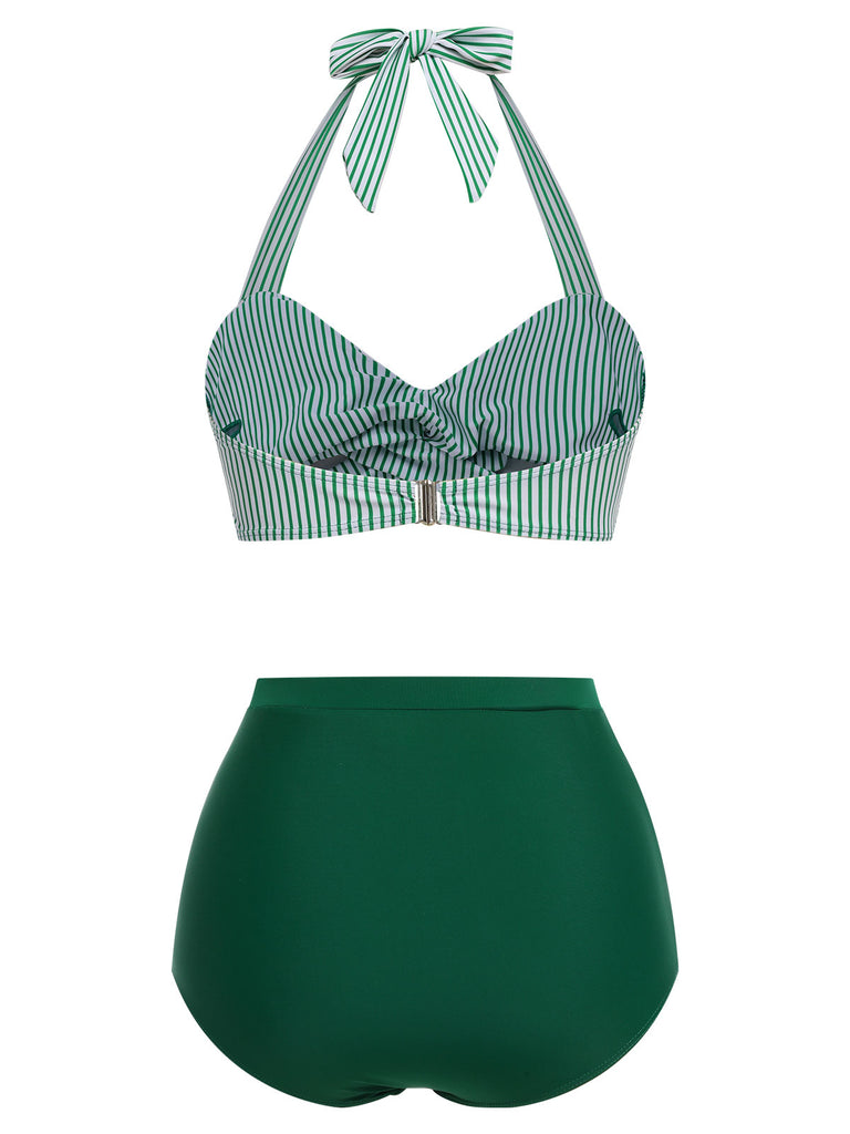 Green 1940s Striped Halter Swimsuit Set