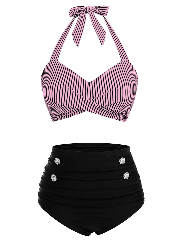 Green 1940s Striped Halter Swimsuit Set
