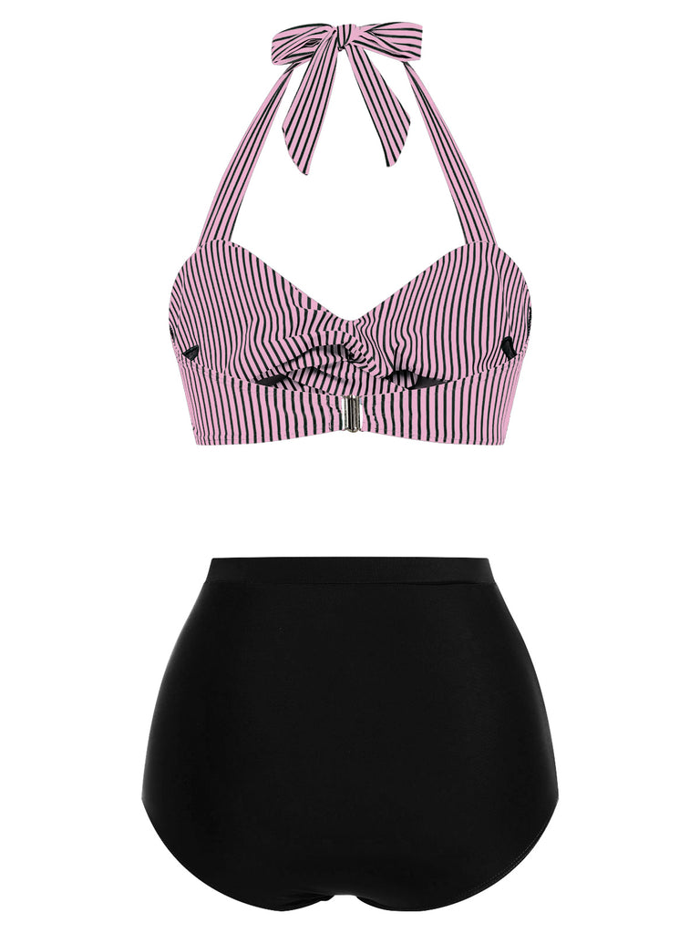 Green 1940s Striped Halter Swimsuit Set