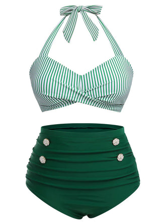 [Plus Size] Green 1940s Striped Halter Swimsuit