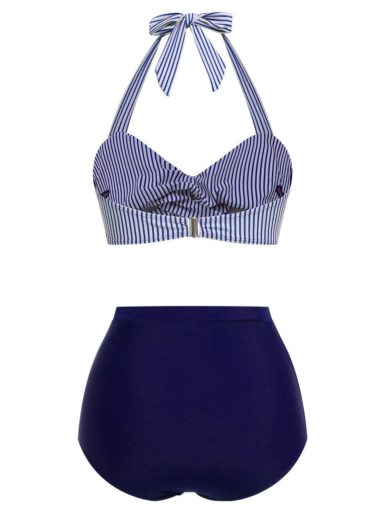 Blue 1940s Striped Halter Swimsuit Set
