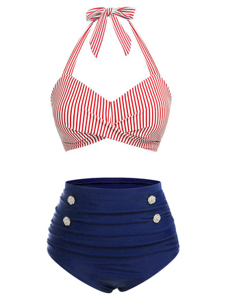 Red & Blue 1940s Striped Halter Swimsuit Set