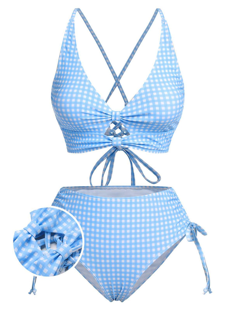 Blue 1950s Spaghetti Strap Plaids Swimsuit