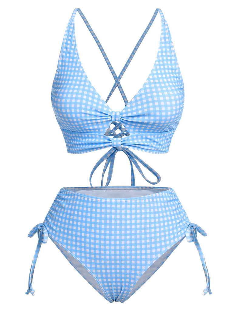 Blue 1950s Spaghetti Strap Plaids Swimsuit