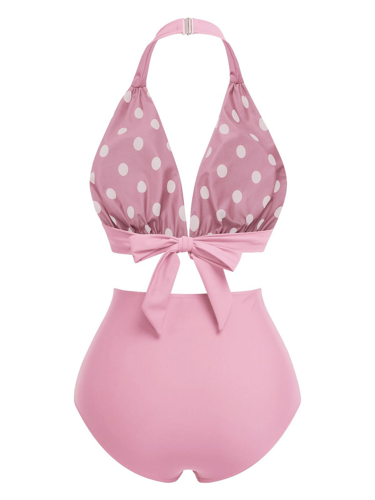 Pink 1950s Polka Dot Halter Separate Swimsuit