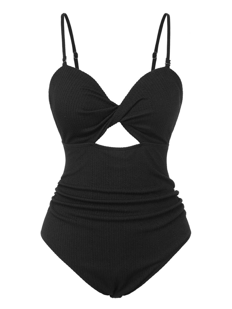 [Plus Size] Black 1960s Spaghetti Strap Twist Swimsuit