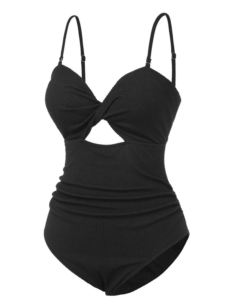[Plus Size] Black 1960s Spaghetti Strap Twist Swimsuit