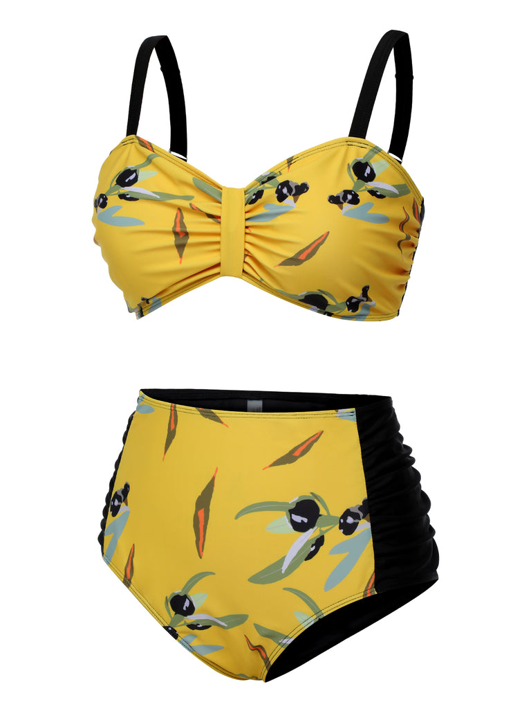 [Plus Size] Yellow 1930s Contrast Floral Strap Swimsuit