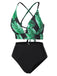 [Plus Size] 1930s Green Leaves V-Neck Strap Bikini Set