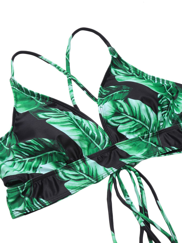 [Plus Size] 1930s Green Leaves V-Neck Strap Bikini Set