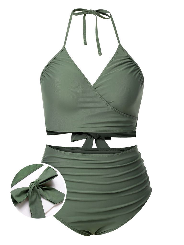 [Plus Size] Green Grey 1930s Halter Strappy Tankini Swimsuit