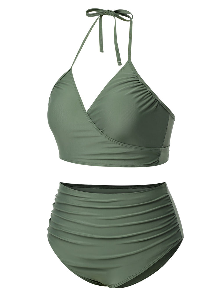 [Plus Size] Green Grey 1930s Halter Strappy Tankini Swimsuit