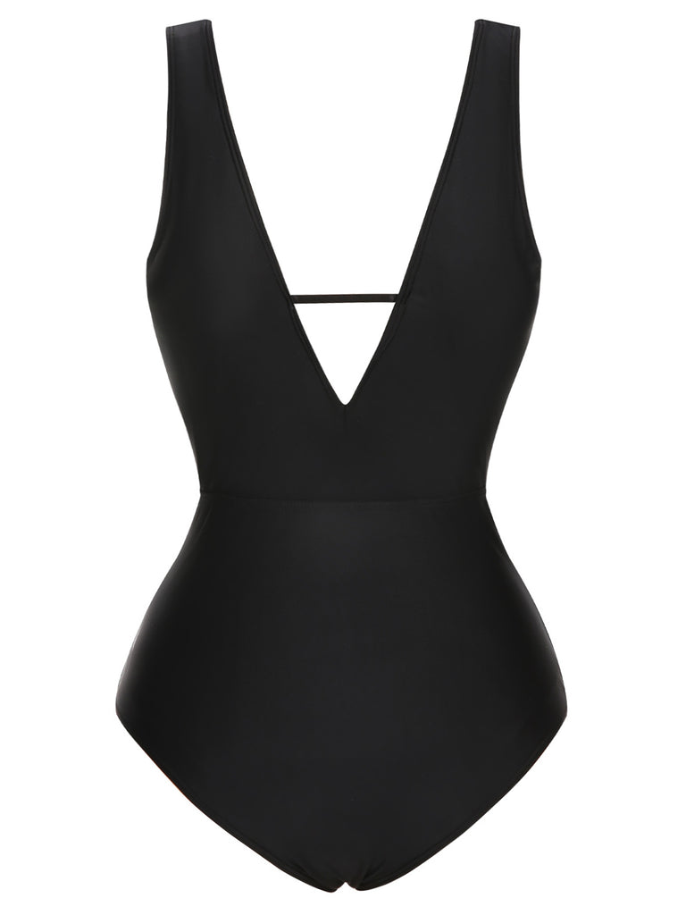 [Pre-Sale] Black 1950s Polka Dot V-Neck Bow Swimsuit