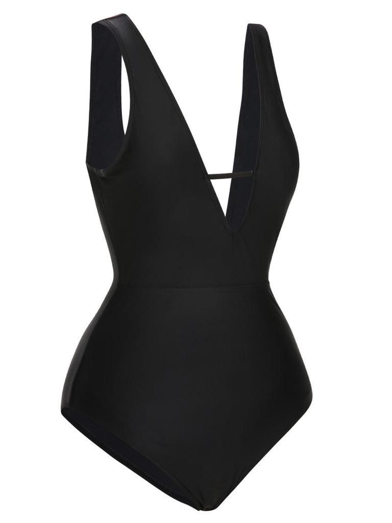 [Pre-Sale] Black 1950s Polka Dot V-Neck Bow Swimsuit