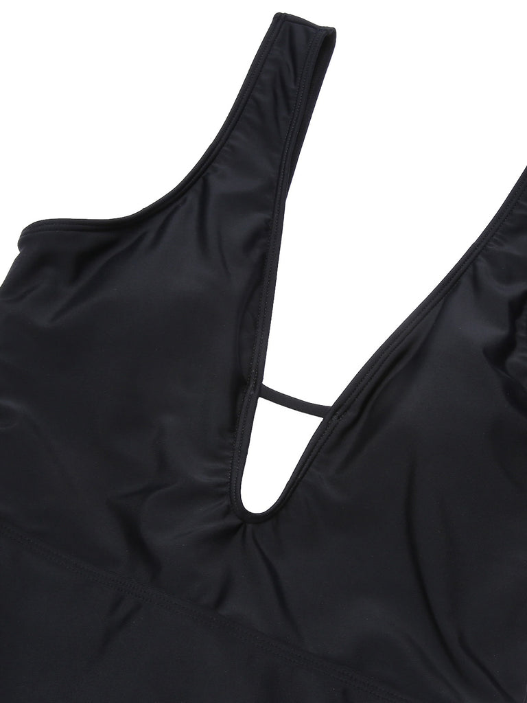 [Pre-Sale] Black 1950s Polka Dot V-Neck Bow Swimsuit