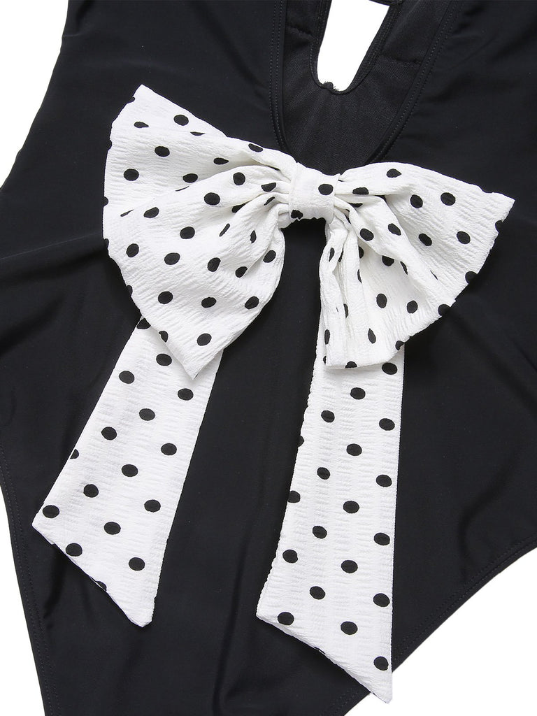 [Pre-Sale] Black 1950s Polka Dot V-Neck Bow Swimsuit