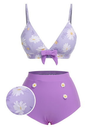 [US Warehouse] Purple 1950s Daisy Bow Strap Swimsuit