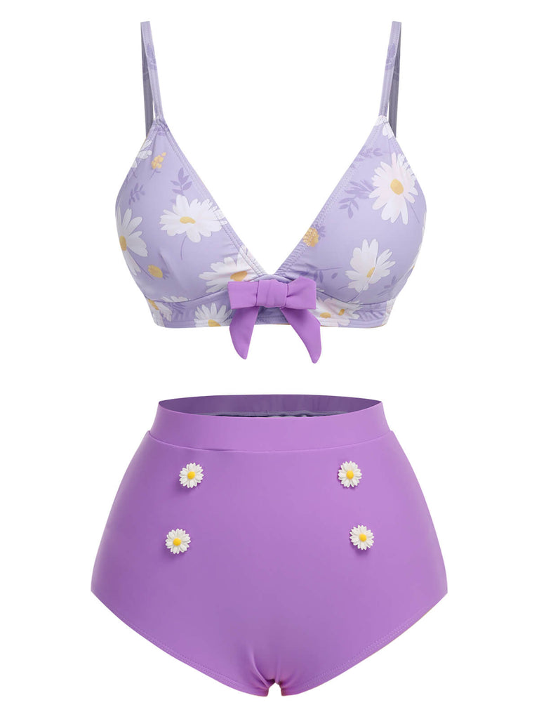 [Pre-Sale] Purple 1950s Daisy Bow Strap Swimsuit