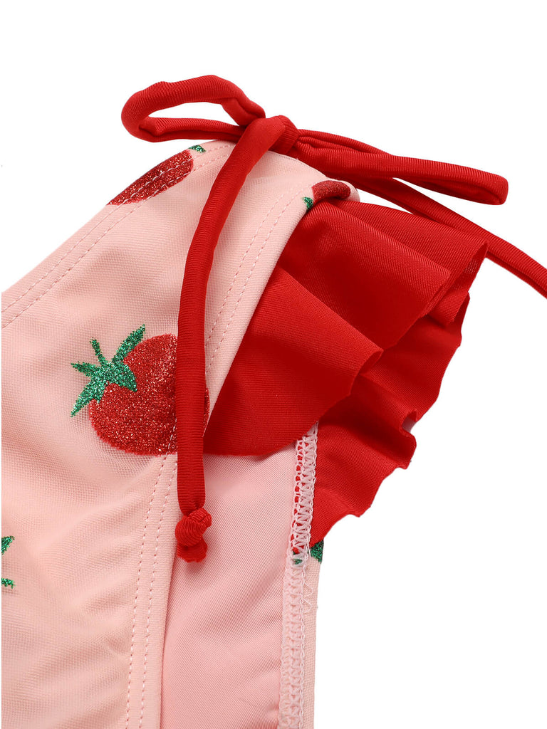 Pink 1950s Strawberry Lace-Up Halter Swimsuit