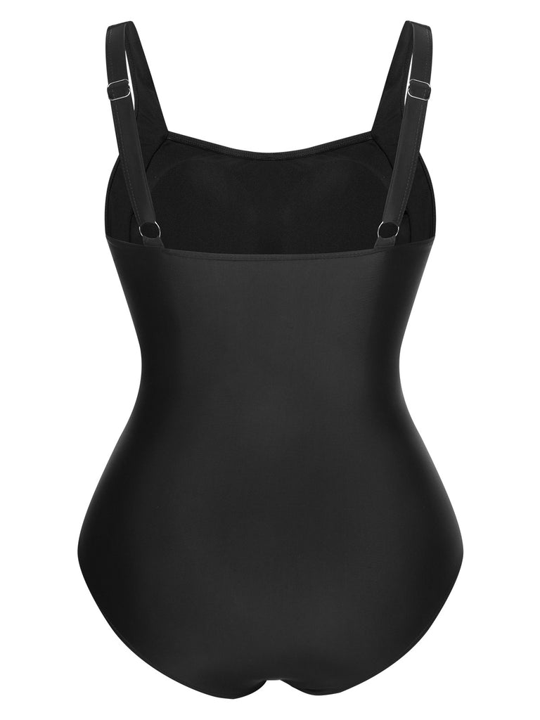 [Plus Size] Black 1960s Pleated Solid Swimsuit