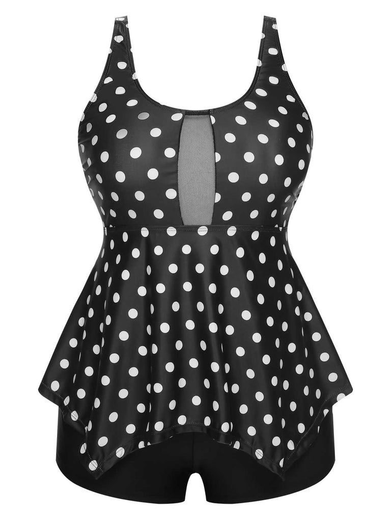 [Plus Size] 1960s Strap Transparent Mesh Polka Dots Swimsuit