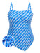 [Plus Size] Blue 1950s Diagonal Stripe One-Piece Swimsuit