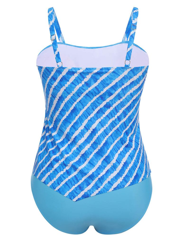 [Plus Size] Blue 1950s Diagonal Stripe One-Piece Swimsuit