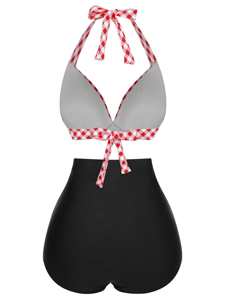 1950s Halter Plaids Lace-Up Swimsuit