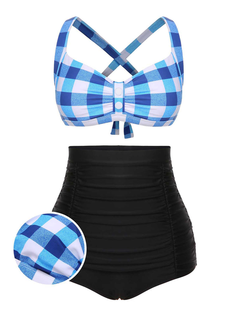 1950s Double Strap Buttoned Plaids Swimsuit