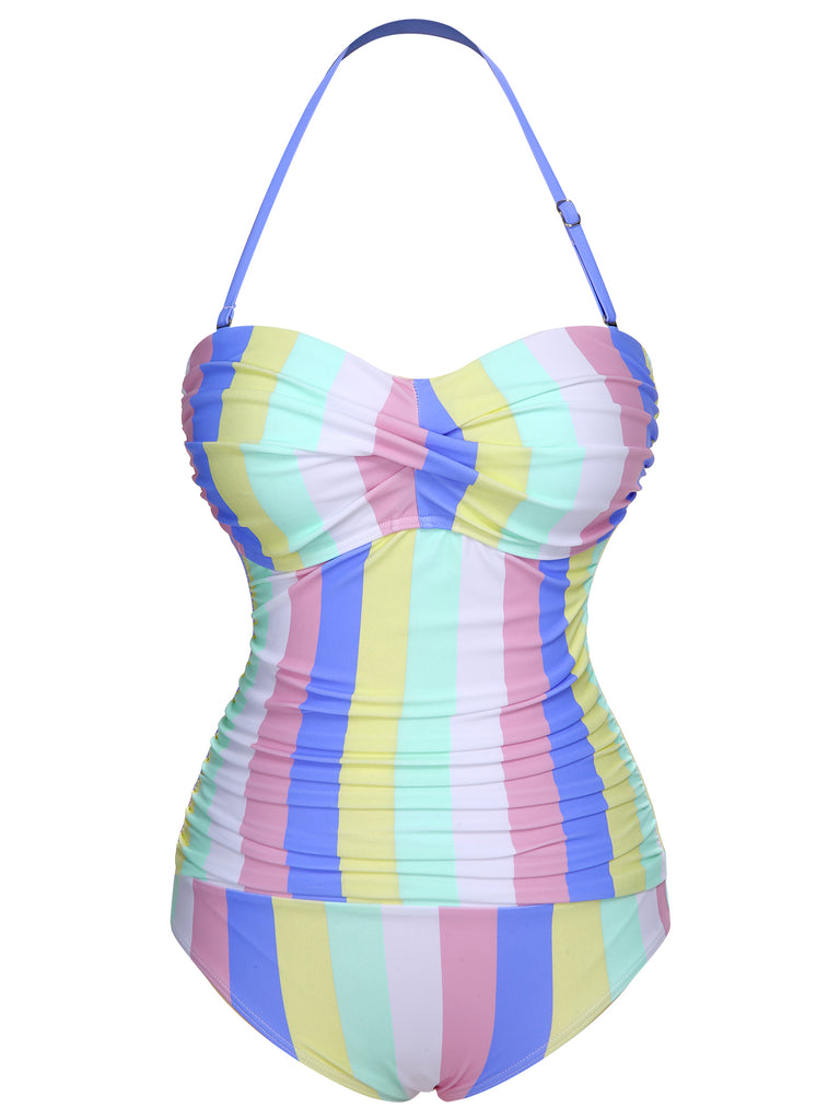 1950s Colorful Striped One-Piece Swimsuit