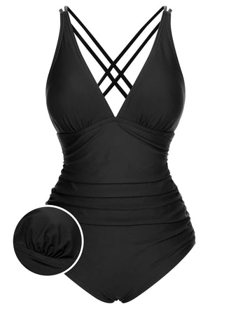 [US Warehouse] 1950s Solid V-Neck One-Piece Swimsuit