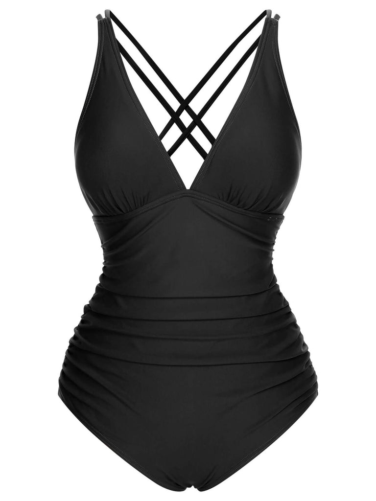 1950s Solid V-Neck One-Piece Swimsuit