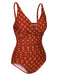 Fire Brick Red 1940s Leaves V-Neck Swimsuit
