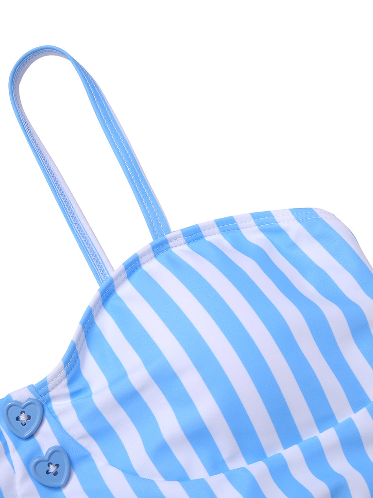 Blue 1950s Striped Heart Button Swimsuit