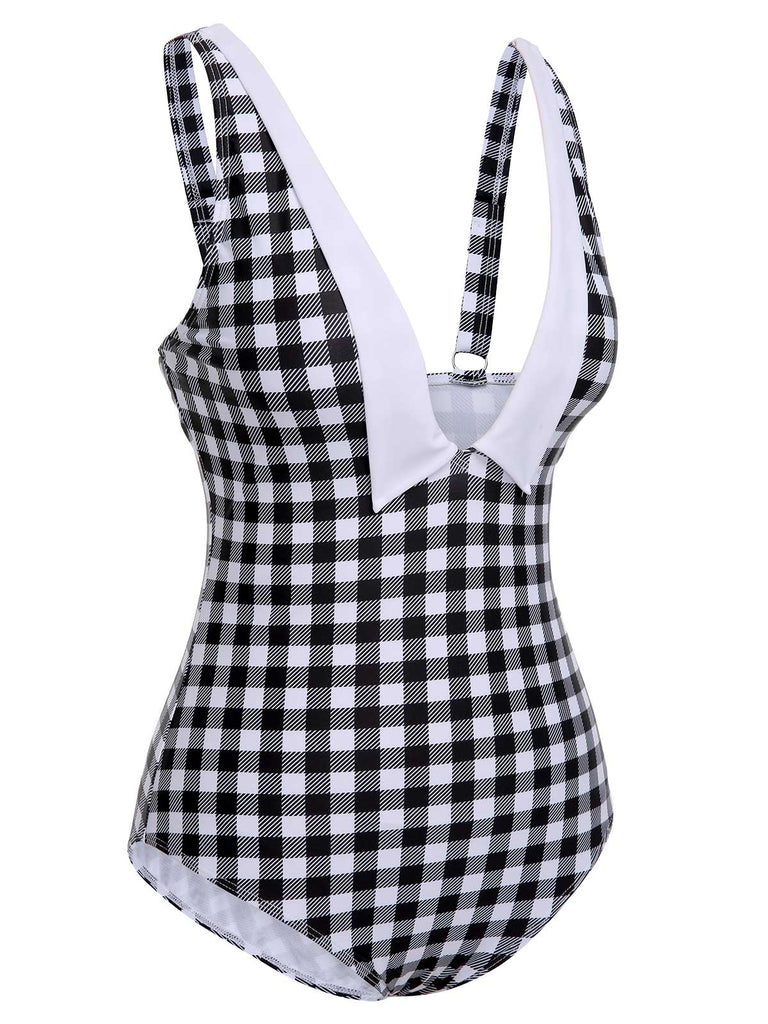 Black & White 1950s Plaid One-Piece Swimsuit