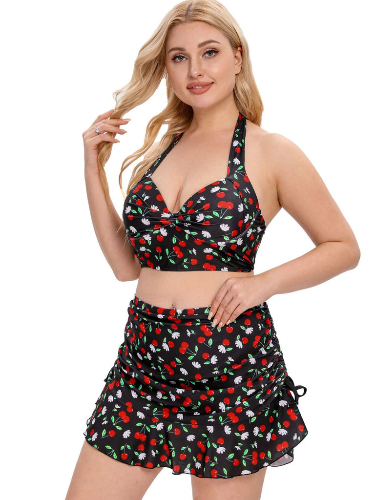 [Plus Size] Black 1930s Cherry Halter Swimsuit