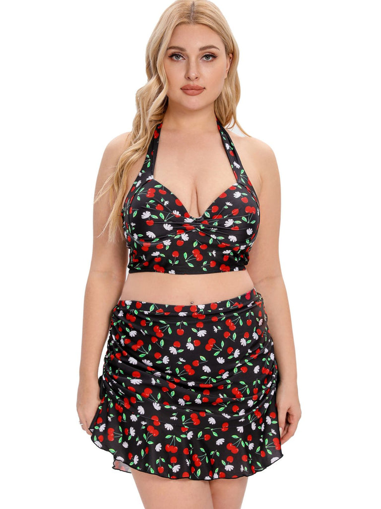 [Plus Size] Black 1930s Cherry Halter Swimsuit