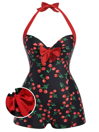 [Plus Size] Black 1960s Cherry One-Piece Swimsuit