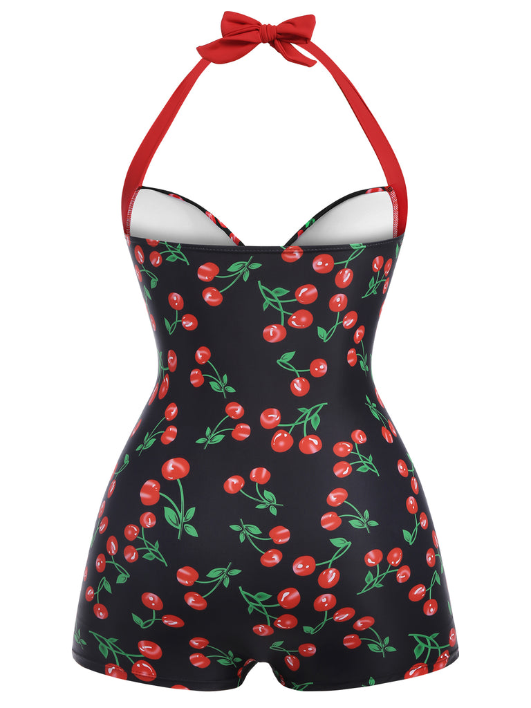[Plus Size] Black 1960s Cherry One-Piece Swimsuit
