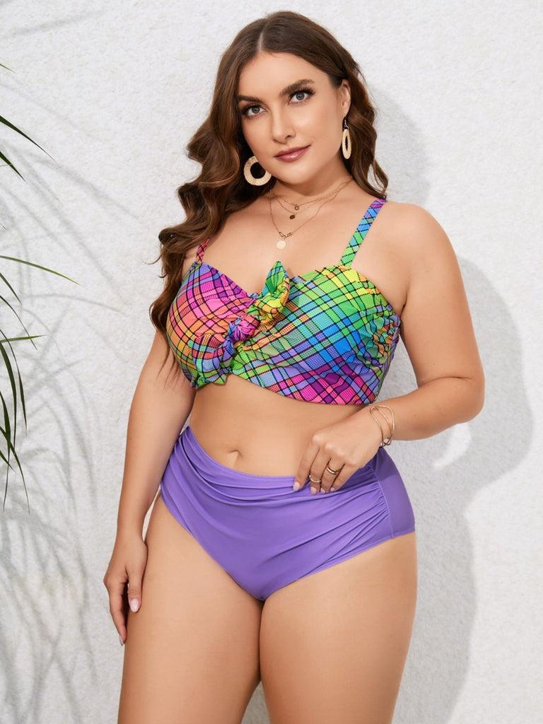 [Plus Size] 1960s Strap Colorful Plaids Bow Swimsuit