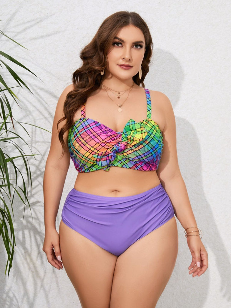 [Plus Size] 1960s Strap Colorful Plaids Bow Swimsuit