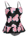 [Plus Size] Multicolor 1930s Ruffled Hem Printed Swimsuit