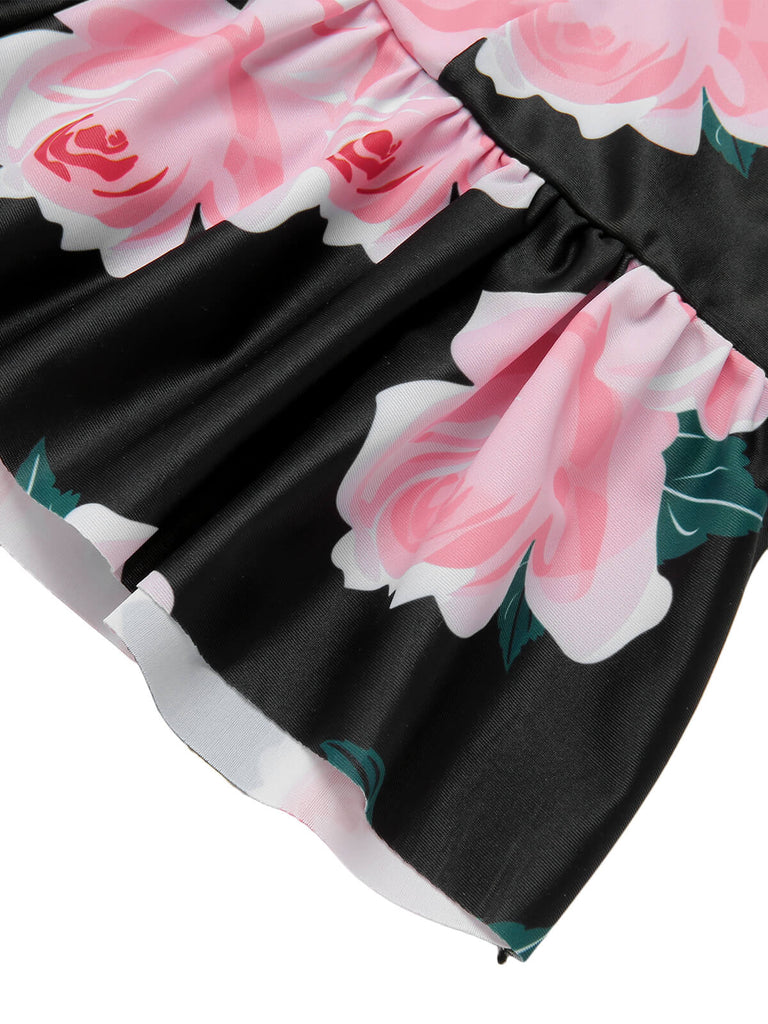 [Plus Size] Multicolor 1930s Ruffled Hem Printed Swimsuit