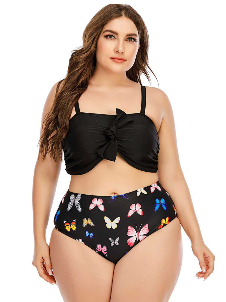 [Plus Size] 1960s Butterflies Bow Decor Swimsuit