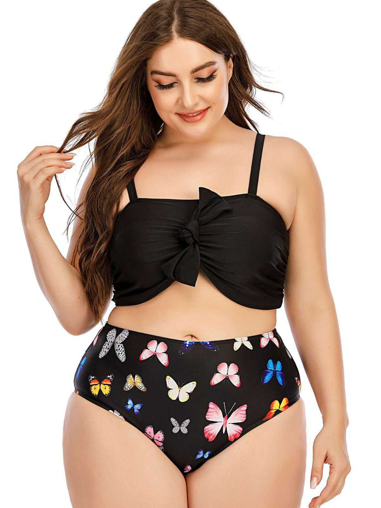 [Plus Size] 1960s Butterflies Bow Decor Swimsuit