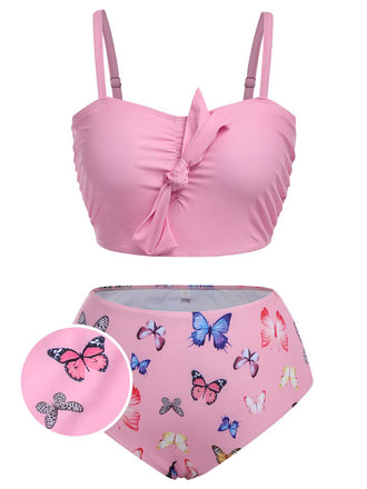 [Plus Size] 1960s Butterflies Bow Decor Swimsuit